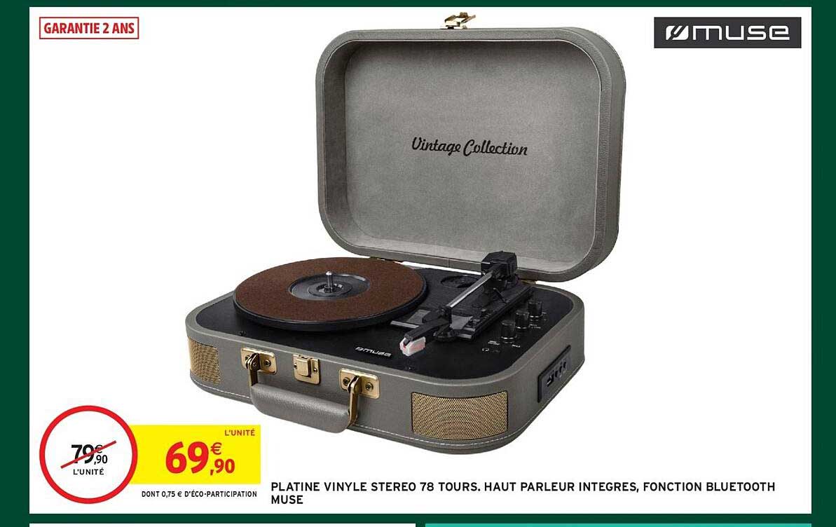 PLATINE VINYLE STEREO 78 TOURS. HAUT PARLEUR INTEGRES, FONCTION BLUETOOTH MUSE