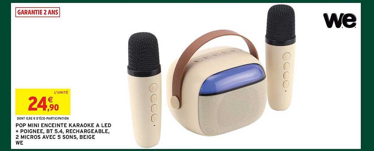 POP MINI ENCEINTE KARAOKE A LED + POIGNEE, BT 5.4, RECHARGEABLE, 2 MICRO AVEC 5 SONS, BEIGE WE