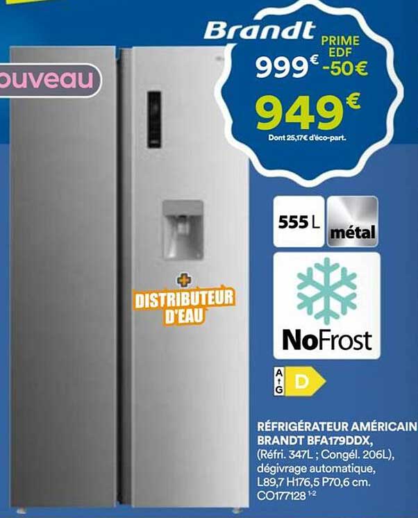 Réfrigérateur Américain BRANDT BFA179DX