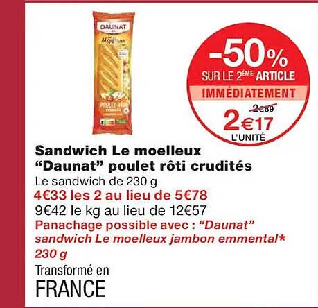 Sandwich Le moelleux “Daunat” poulet rôti crudités