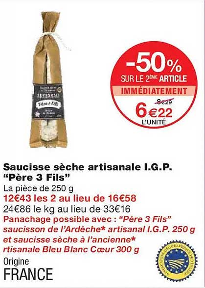 Saucisse sèche artisanale I.G.P. 'Père 3 Fils'