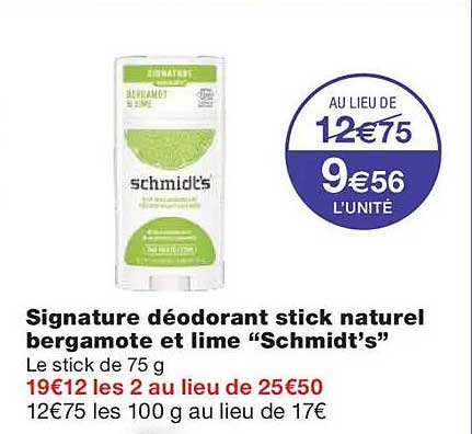Signature déodorant stick naturel bergamote et lime "Schmidt's"