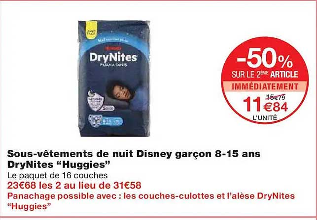 Sous-vêtements de nuit Disney garçon 8-15 ans DryNites "Huggies"