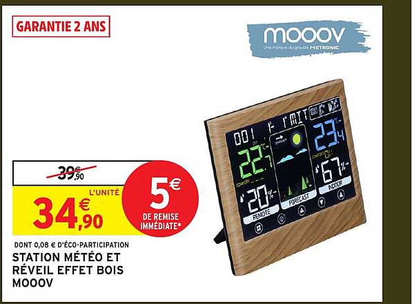 STATION MÉTÉO ET RÉVEIL EFFET BOIS MOOOV
