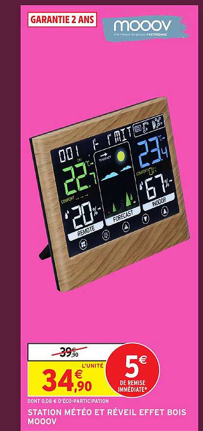 STATION MÉTÉO ET RÉVEIL EFFET BOIS MOOOV