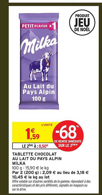 TABLETTE CHOCOLAT AU LAIT DU PAYS ALPIN MILKA