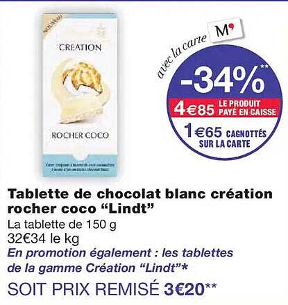 Tablette de chocolat blanc création rocher coco “Lindt”