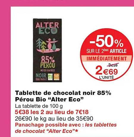 Tablette de chocolat noir 85% Pérou Bio “Alter Eco”