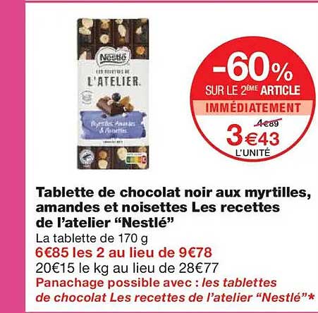 Tablette de chocolat noir aux myrtilles, amandes et noisettes Les recettes de l’atelier “Nestlé”