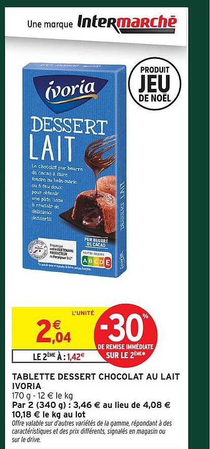 TABLETTE DESSERT CHOCOLAT AU LAIT IVORIA