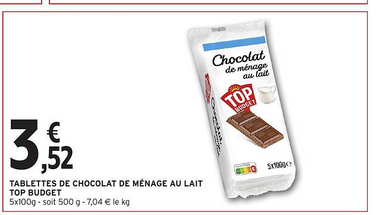TABLETTES DE CHOCOLAT DE MÉNAGE AU LAIT TOP BUDGET