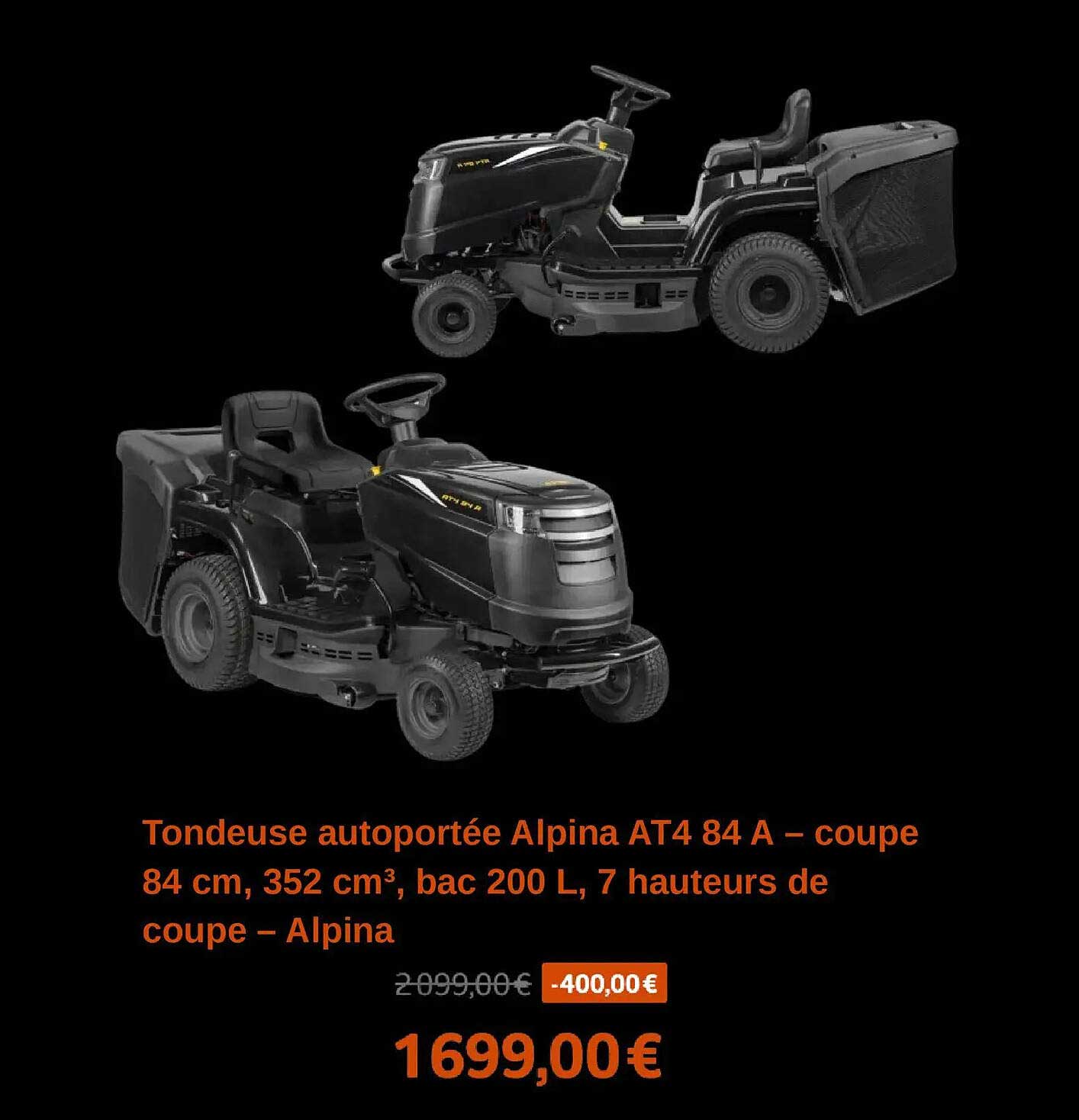 Tondeuse autoportée Alpina AT4 84 A – coupe 84 cm, 352 cm³, bac 200 L, 7 hauteurs de coupe – Alpina