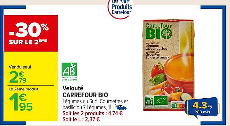 Velouté CARREFOUR BIO Légumes du Sud, Courgettes et basilic ou 7 Légumes, 1L