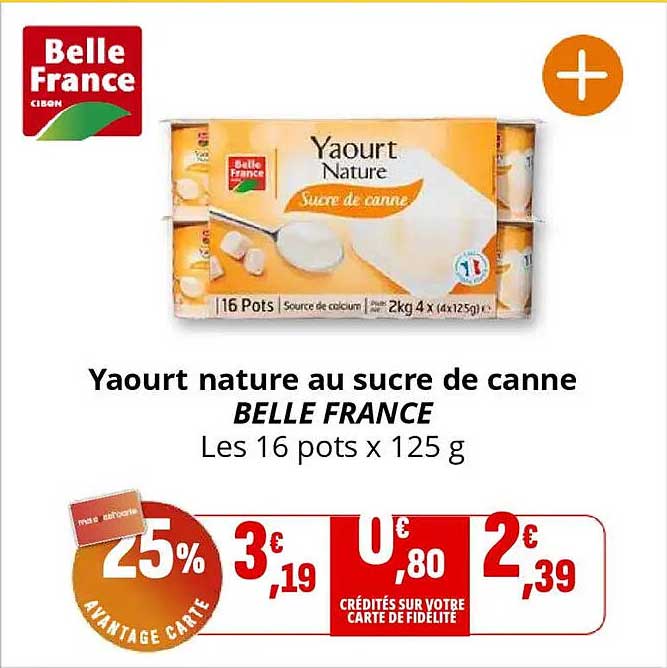 Yaourt nature au sucre de canne BELLE FRANCE Les 16 pots x 125 g