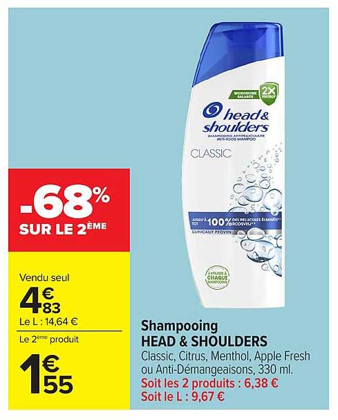 Shampoing HEAD & SHOULDERS Classic, Citrus, Menthol, Apple Fresh ou Anti-Démangeaisons, 330 ml
