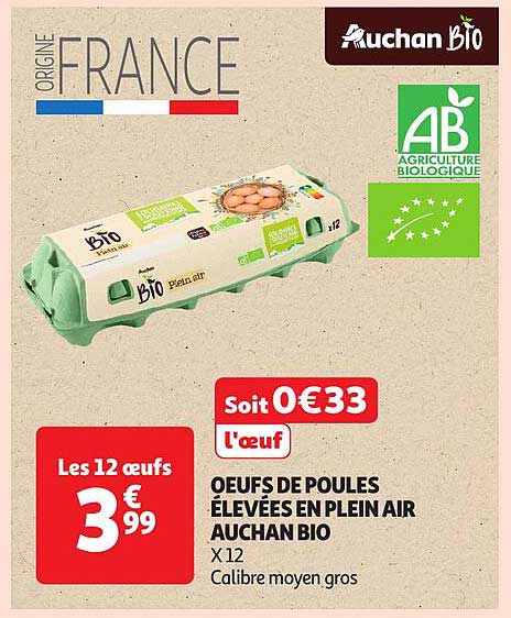 Œufs de poules élevées en plein air Auchan Bio - X 12