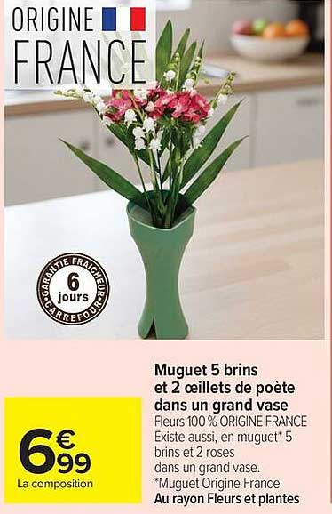 Muguet 5 brins et 2 œillets de poète dans un grand vase