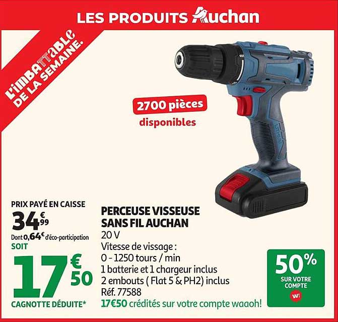 PERCEUSE VISSEUSE SANS FIL AUCHAN 20 V