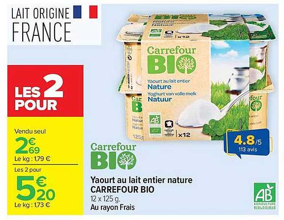 Yaourt au lait entier nature CARREFOUR BIO