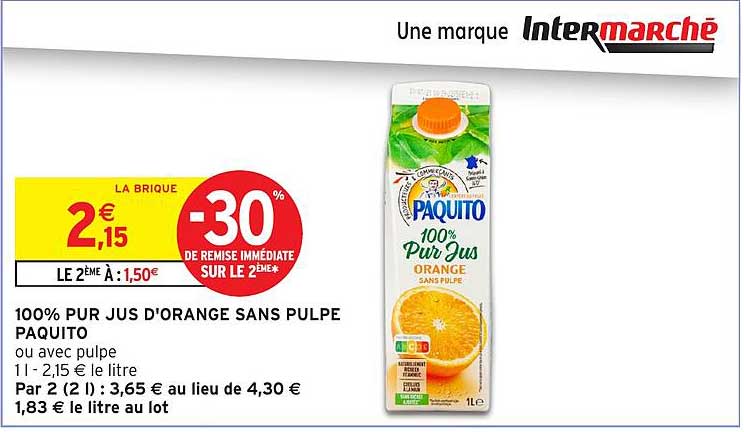 100% PUR JUS D'ORANGE SANS PULPE PAQUITO