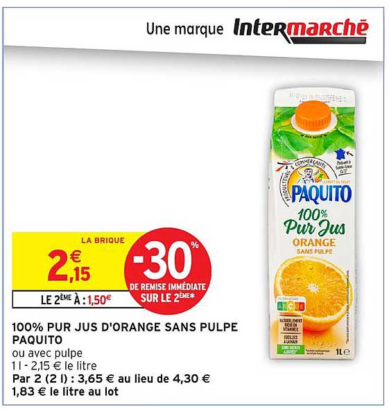 100% PUR JUS D'ORANGE SANS PULPE PAQUITO