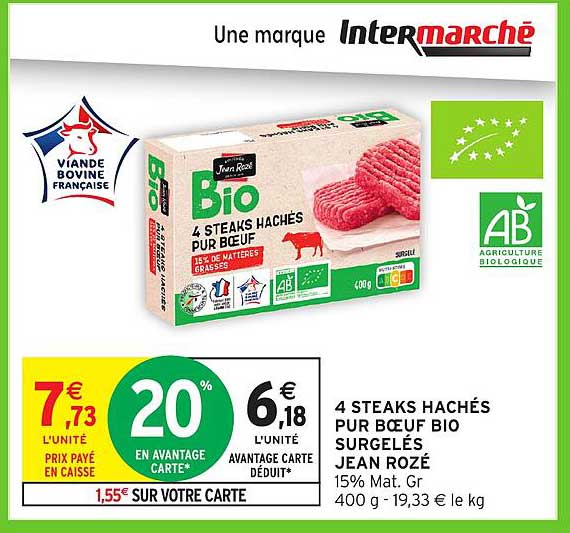 4 STEAKS HACHÉS PUR BŒUF BIO SURGELÉS JEAN ROZÉ