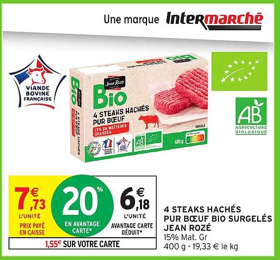 4 STEAKS HACHÉS PUR BŒUF BIO SURGELÉS JEAN ROZÉ