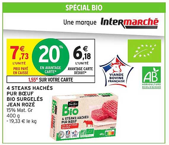 4 STEAKS HACHÉS PUR BŒUF BIO SURGELÉS JEAN ROZÉ