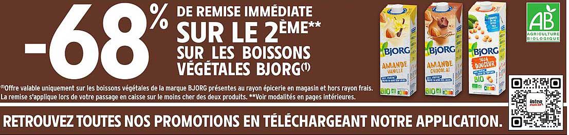 -68% de remise immédiate sur le 2ème sur les boissons végétales BJORG