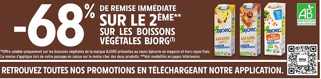 -68 % de remise immédiate sur le 2ème sur les boissons végétales BJORG