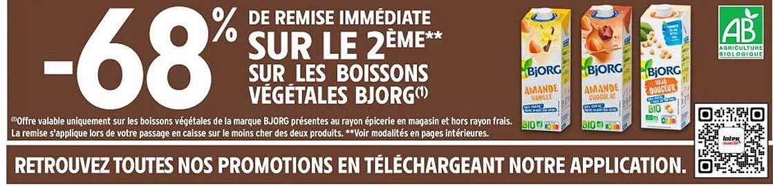-68% de remise immédiate sur le 2ème** sur les boissons végétales BJORG