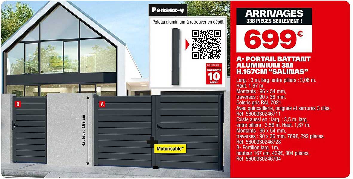 A- PORTAIL BATTANT ALUMINIUM 3M H.167CM "SALINAS"