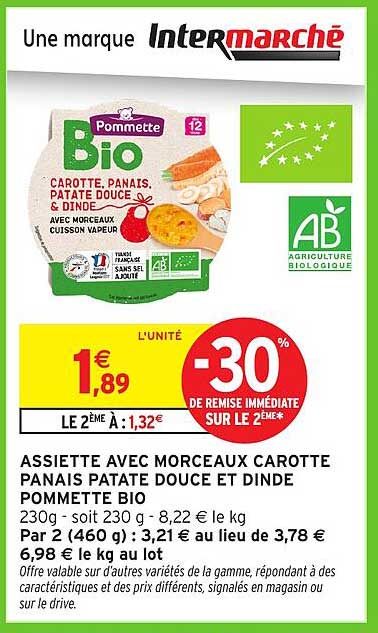 ASSIETTE AVEC MORCEAUX CAROTTE PANAIS PATATE DOUCE ET DINDE POMMETTE BIO