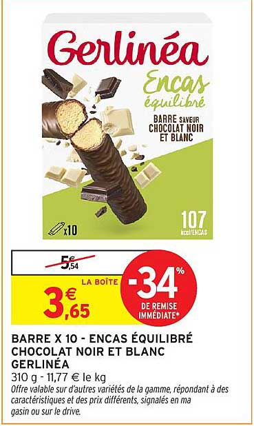 BARRE X 10 - ENCAS ÉQUILIBRÉ CHOCOLAT NOIR ET BLANC GERLINÉA