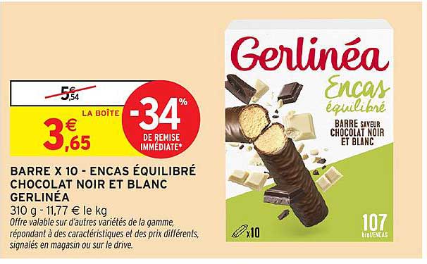 BARRE X 10 - ENCAS ÉQUILIBRÉ CHOCOLAT NOIR ET BLANC GERLINÉA