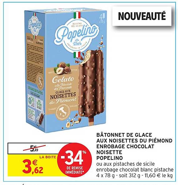 BÂTONNET DE GLACE AUX NOISETTES DU PIÉMOND ENROBAGE CHOCOLAT NOISETTE POPELINO