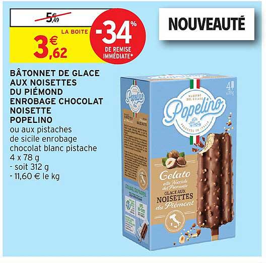 BÂTONNET DE GLACE AUX NOISETTES DU PIÉMOND ENROBE CHOCOLAT NOISETTE POPELINO