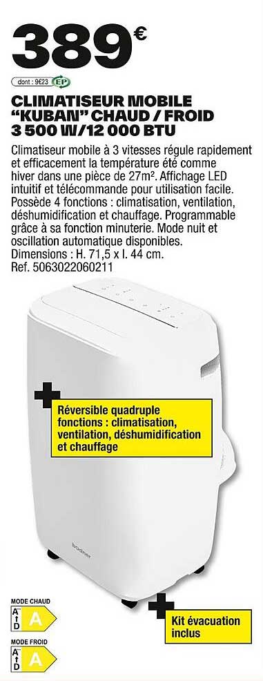 CLIMATISEUR MOBILE "KUBAN" CHAUD / FROID 3500 W/12 000 BTU