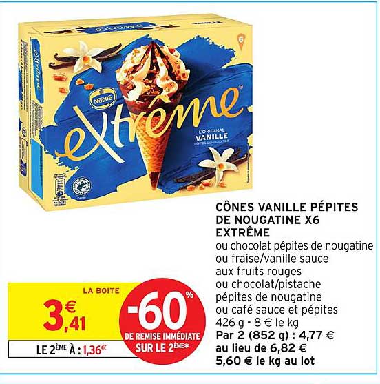 CÔNES VANILLE PÉPITES DE NOUGATINE X6 EXTREME