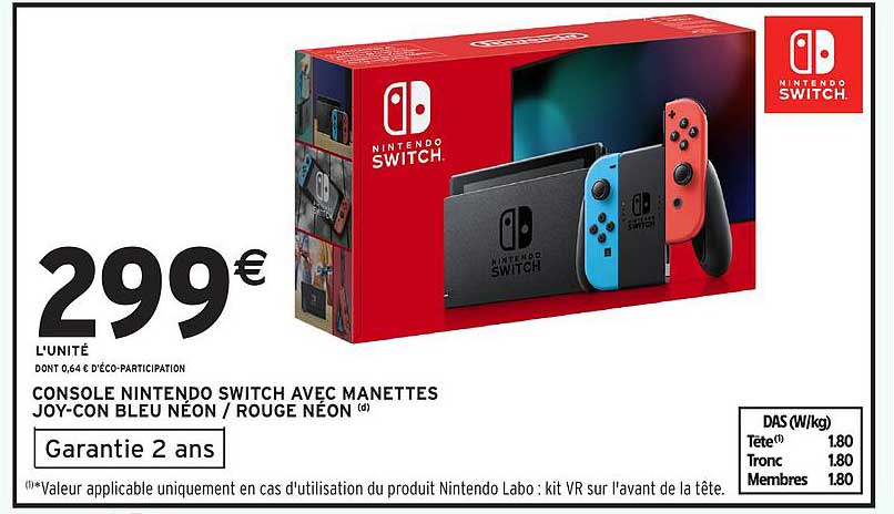 CONSOLE NINTENDO SWITCH AVEC MANETTES JOY-CON BLEU NÉON / ROUGE NÉON