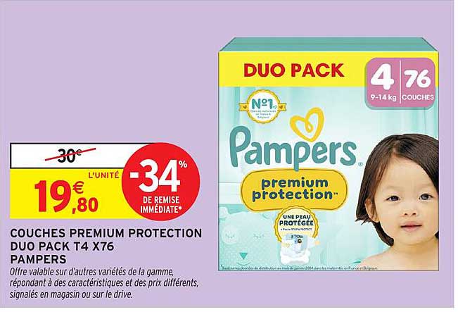 Couches PREMIUM PROTECTION DUO PACK T4 X76 PAMPERS