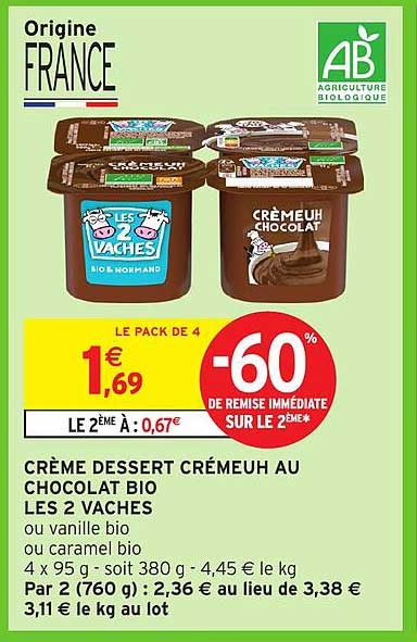 CRÈME DESSERT CRÉMEUH AU CHOCOLAT BIO LES 2 VACHES