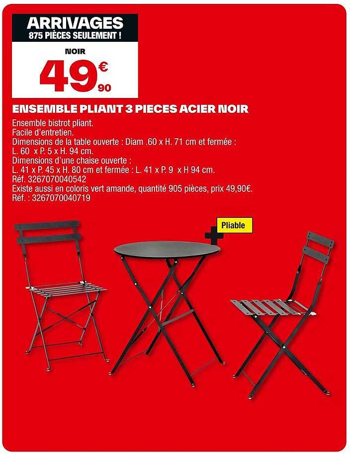 ENSEMBLE PLIANT 3 PIECES ACIER NOIR