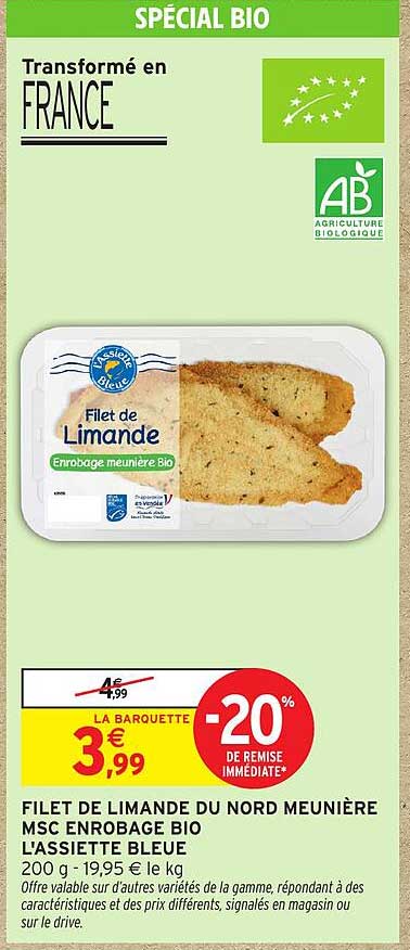 FILET DE LIMANDE DU NORD MEUNIÈRE MSC ENROBAGE BIO L'ASSIETTE BLEUE