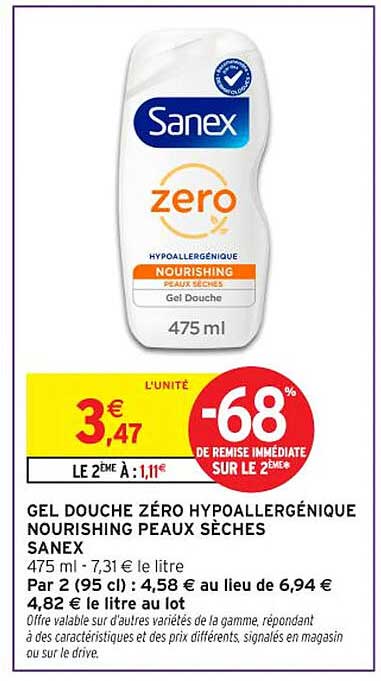 GEL DOUCHE ZÉRO HYPOALLERGÉNIQUE NOURISHING PEAUX SÈCHES SANEX