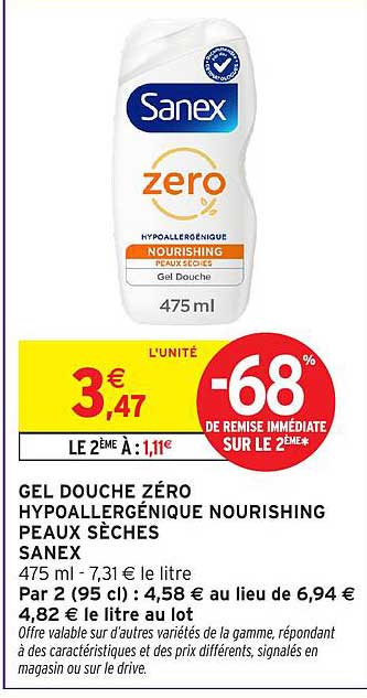 GEL DOUCHE ZÉRO HYPOALLERGÉNIQUE NOURISHING PEAUX SECHES SANEX