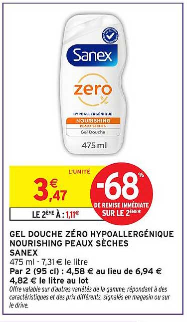 GEL DOUCHE ZÉRO HYPOALLERGÉNIQUE NOURISHING PEAUX SÈCHES SANEX