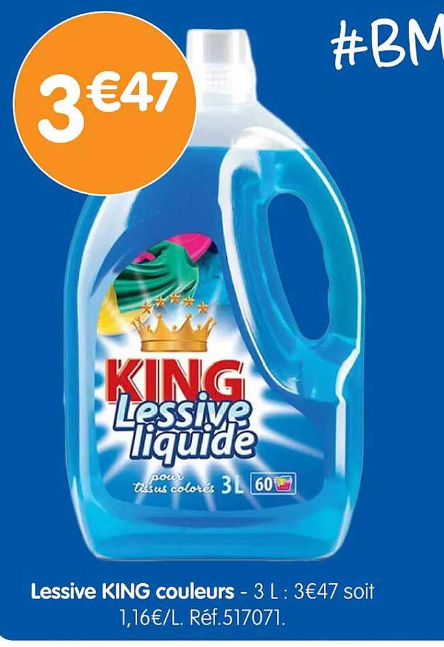 Lessive KING couleurs - 3 L : 3€47 soit 1,16€/L. Réf.517071.