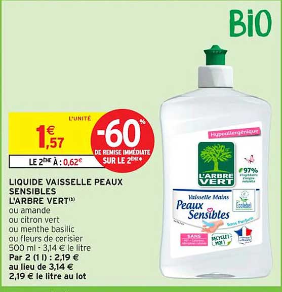 LIQUIDE VAISELLE PEAUX SENSIBLES L'ARBRE VERT