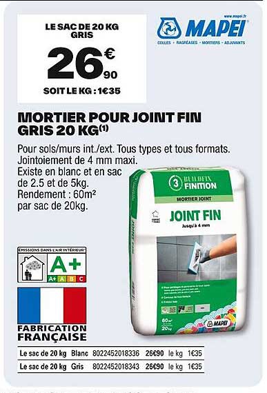 MORTIER POUR JOINT FIN GRIS 20 KG